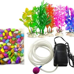 Aquarium Decoration combo kit for Fish Tank Bowl Decor Multi Pack Air Pump,air tubing, Air Stone,Plant 5 nos (Multi Color Stones 1 kg) Air Bubble Arrangement In aquarium River Rock Planted Substrate-image-49
