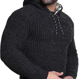 grand line Men Solid Hooded Neck Black Sweater image 3