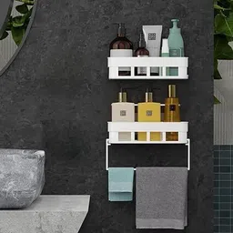 xena 2 Bathroom Shelves+1 Towel Hanger Plastic Wall Shelf image 1