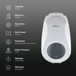 BAJAJ Shield Verre Plus 5 Litre Vertical Instant Geyser with Multiple Safety System (White & Gray) image 3