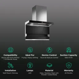 KAFF FALMARC DHC 90-A 90cm 1350m3/hr Ducted Auto Clean Wall Mounted Chimney with Touch & Gesture Control (Black) image 3
