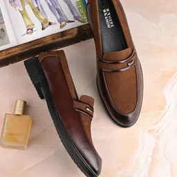 here&now Burgundy Patent Suede Formal Slip-ons Loafers For Men image 1