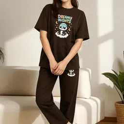 elvia Women Top & Pyjama Set Brown Printed-picture-19