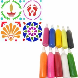 ascension Rangoli Kit Creativity Diwali Floor Decoration Rangoli Stencil Art Premium Diwali 10 Rangoli Powder Bottles 80g Each for Navratri Pongal Pooja Mandir Rangoli Stencil image 1