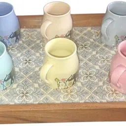nohunt Pack of 7 Ceramic Ceramic Printed Tea Cup Set with Wooden Serving Tray 150ml Each Cups, Tea Cups image 4