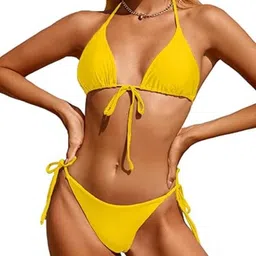recent fashion Solid Women Bikini Yellow Swimsuit image 3