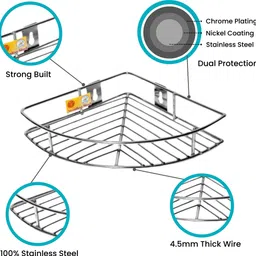 unify Stainless Steel Multipurpose Storage Organizer, Corner Stand for Kitchen and Bathroom, Shelf Rack, Bathroom Shelf Wall Mounted, Chrome Finish, Size: 23 x 23 x 5 cm (Set of 1) Steel Wall Shelf image 4