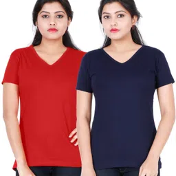 fleximaa Pack of 2 Women Solid V Neck Pure Cotton Multicolor T-Shirt-picture-15