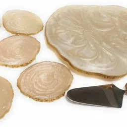 instook Elegant Resin Cake Stand, Cake Server and 6 Coasters | Set of 3 | Color- Cream Wooden Cake Server-picture-41