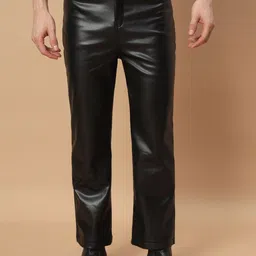 tandul Men Regular Fit Black Faux Leather Trousers-picture-26