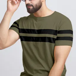 Men Striped Round Neck Cotton Blend Black, Dark Green T-Shirt-image-9