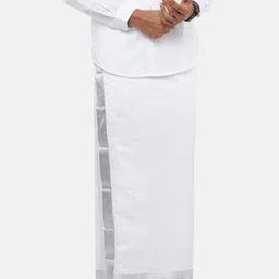 Ramraj Cotton Double layer Pure Cotton White with Silver jari border Solid Men Dhoti-picture-22