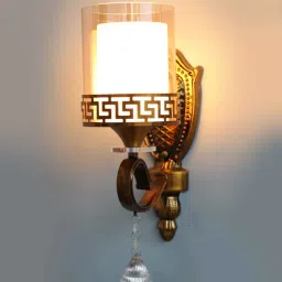 shree kala home decor Antique Brass Wall Sconce with Clear Glass With Crystal Pendant image 1