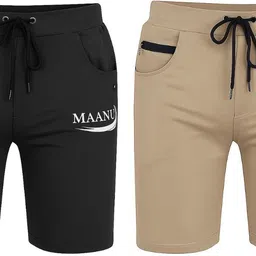 Solid Men Beige, Black Regular Shorts-image-0