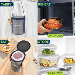 borosil Alora Borosilicate Glass Lunchbox, 3 pc Round Set (400 ml Each), Office Tiffin 3 Containers Lunch Box image 3