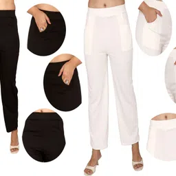 fashion bazaar Pack of 2 Women Regular Fit Black, White Cotton Blend Trousers-picture-14