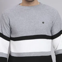 ewools Men Striped Round Neck Grey, Black, White Sweater image 3