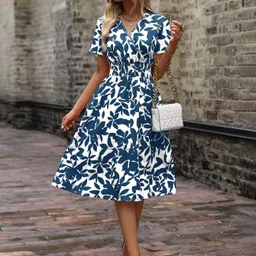honky tonky Women Fit and Flare Blue, White Midi/Calf Length Dress-picture-13