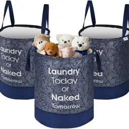 heart home Cotton Pack of 3 Leaf Print Foldable 45L Toys Organizer for Kids Room | Blue Storage Basket-picture-44