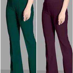 modernsshop Pack of 2 Women Flared Green, Maroon Lycra Blend Trousers-picture-18