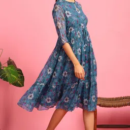 janasya Women Fit and Flare Blue Midi/Calf Length Dress image 4