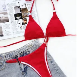 enaya store Self Design Women Bikini Red Swimsuit image 2