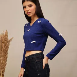 street9 Casual Regular Sleeves Solid Women Blue Top image 4