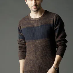 roadster Men Self Design Round Neck Blue, Brown Sweater-picture-17