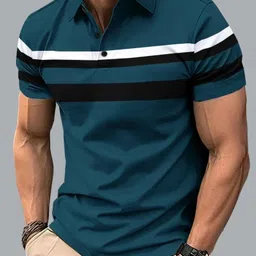 Men Colorblock Polo Neck Cotton Blend Dark Blue T-Shirt-image-9