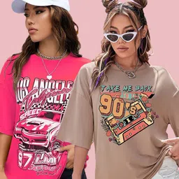 sydney hills Pack of 2 Women Printed Round Neck Pure Cotton Multicolor T-Shirt-picture-19