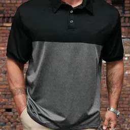 leotude Men Colorblock Polo Neck Cotton Blend Grey T-Shirt-picture-13