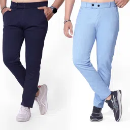 uzarstyle Pack of 2 Men Slim Fit Dark Blue, Light Blue Lycra Blend Trousers-picture-20