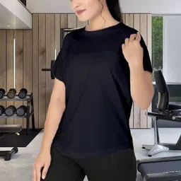 myo2 Women Solid Round Neck Reversible Polyester Black T-Shirt image 3