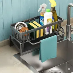 rukshv Dish Drainer Kitchen Rack Multipurpose Kitchen Sink Organizer Rack with Drain Tray & Towel Bar Iron-picture-20