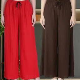 first arrival Pack of 2 Women Regular Fit Red, Brown Viscose Rayon Trousers-picture-12