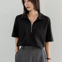 sixteenlines Women Solid Zip Neck Reversible Cotton Blend Black T-Shirt image 2