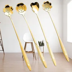 RHNFASHION 4pcs golden spons,coffee spoon, flower teaspoons,Desserts Spoons Stainless Steel Cutlery Set-picture-25
