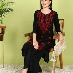 top n thread Women Chikan Embroidery, Embroidered, Floral Print, Self Design Viscose Rayon A-line Kurta image 2