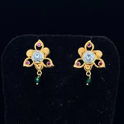NJ Arts Gold-Plated Floral Stud Earrings with AD/CZ Center Stone Yellow Gold 18kt Stud Earring-picture-16