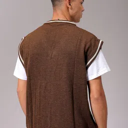 the indian garage co. Men Self Design V Neck Brown Sweater image 2
