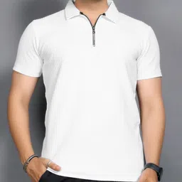 sti Men Self Design Zip Neck Polyester White T-Shirt image 1