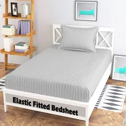 evahome Cotton Single Fitted (Elastic) 300 TC Striped Bedsheet-picture-37