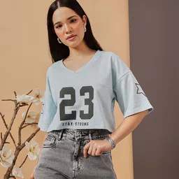 street9 Women Solid V Neck Cotton Blend Blue T-Shirt image 3