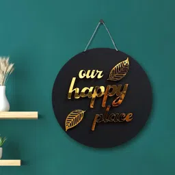bnx Black & Gold-Toned Our Happy Place Wall Sign for Home Decoration, Round MDF image 1