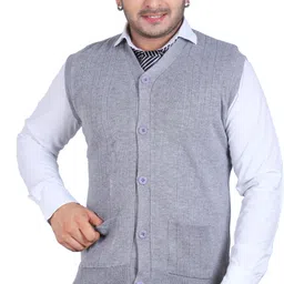 Men Self Design V Neck Grey Sweater-image-5