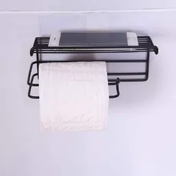 the organiser company Adhesive Toilet Paper Holder with Phone Shelf | Bathroom Tissue Roll Holder Black Towel Holder image 5