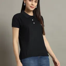 riss Women Solid Polo Neck Cotton Blend Black T-Shirt image 3