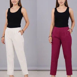 solid stitching Pack of 2 Women Regular Fit White, Maroon Pure Cotton Trousers-picture-14