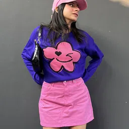Tokyo Talkies Women Blue & Pink Floral Jacquard Crop Pullover-picture-37