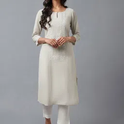 W Women Grey Floral Embroidered Keyhole Neck Thread Work Kurta-picture-33